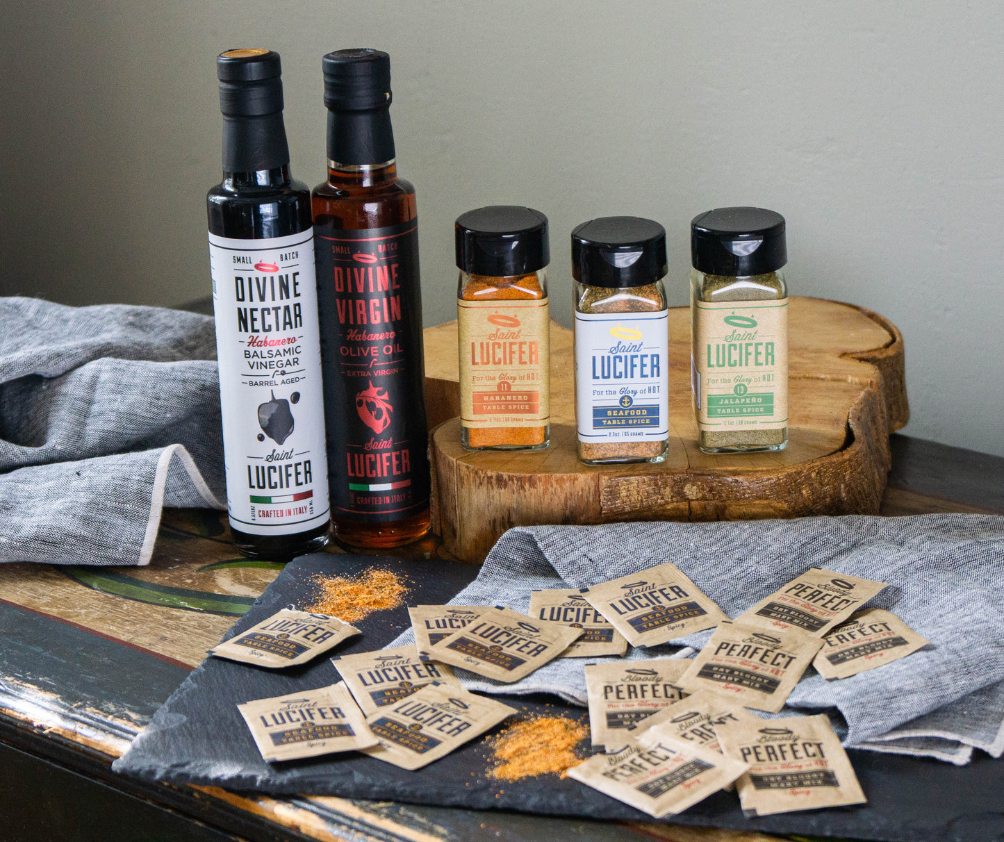 Small Batch and imported infused Balsamic Vinegar & Extra Virgin Olive Oil, Habanero Seasoning, Seafood Seasoning & Jalapeno Salsa Verde Seasoning. Instant Dry - Bloody Mary Mix. To-go single serve packets.